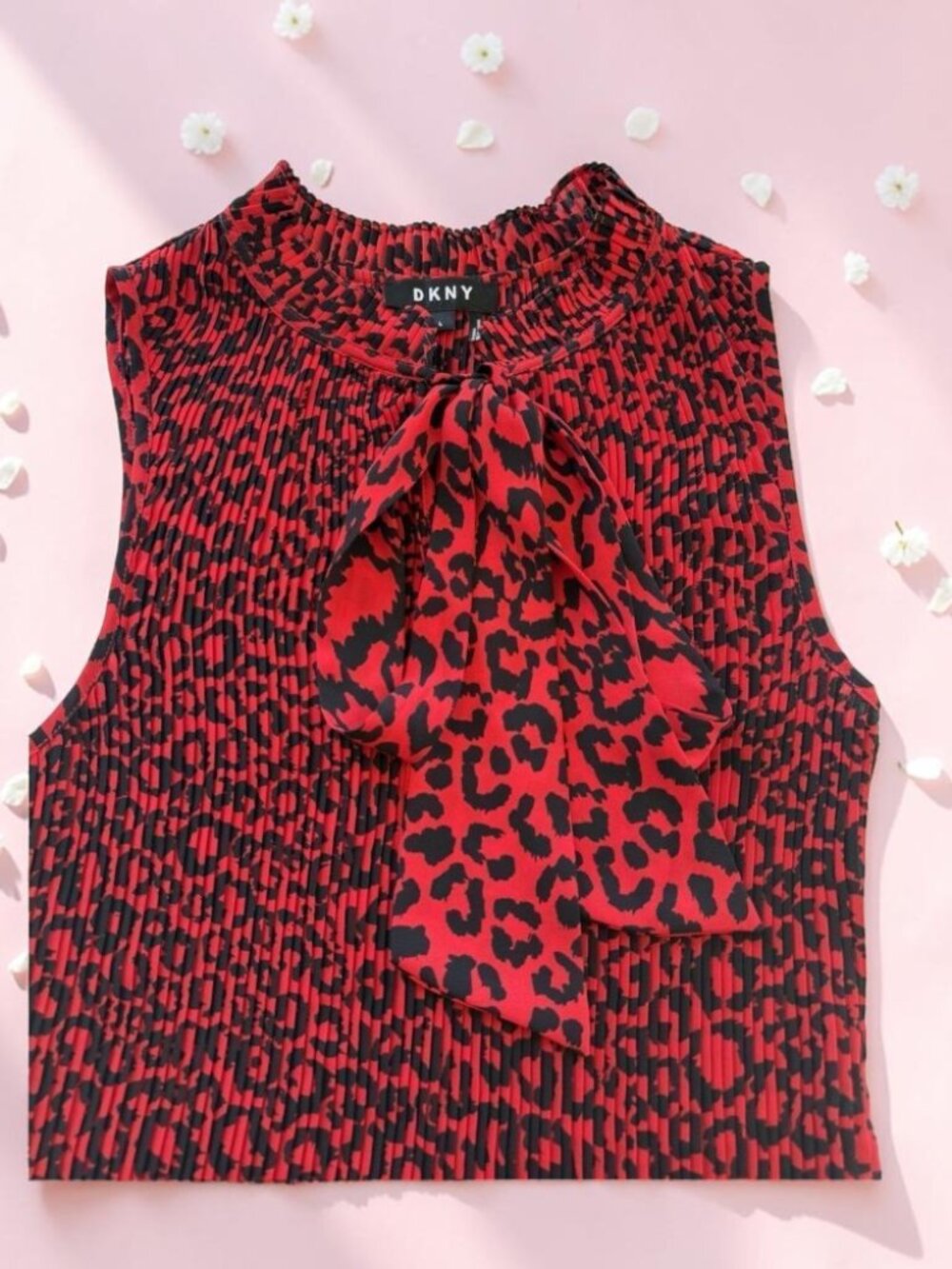 DKNY Women's Red Black Leopard Print Sleeveless Pleated Tie Neck Top‎ L